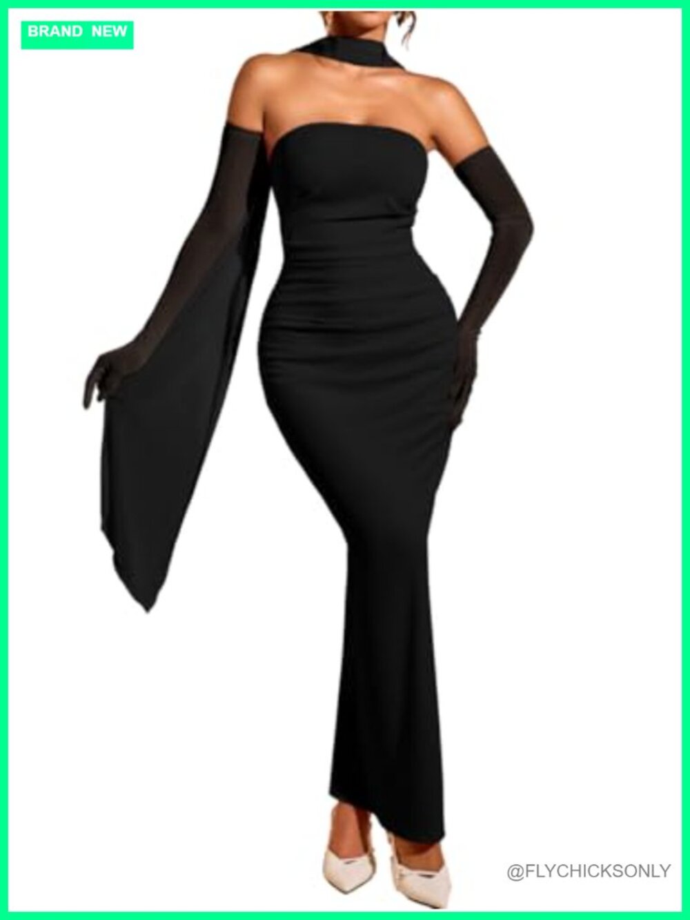 Women's Bodycon Maxi Dress Set w/ Scarf & Gloves Ruched Slit Tube Evening Party